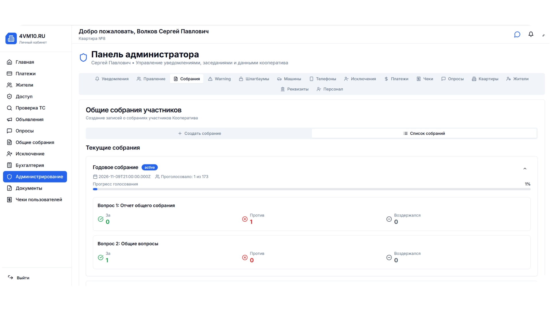 Административный модуль: Итоги общих собраний Кооператива